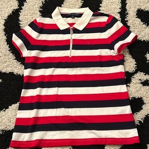 NWOT Red, Black, and White TOMMY HILFIGER Striped Half zipped Top Size M